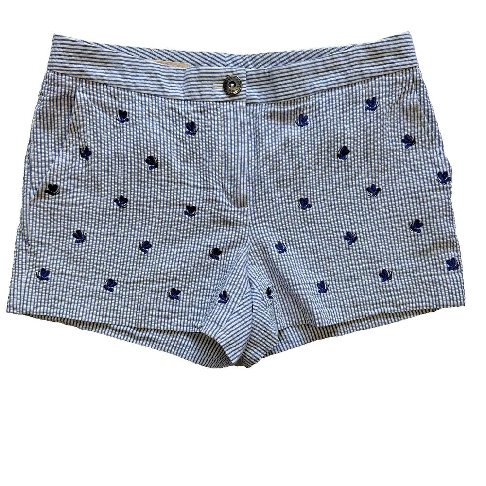Brooks Brothers Seersucker Shorts Women's 2 Blue White Stripe Embroidered Bees